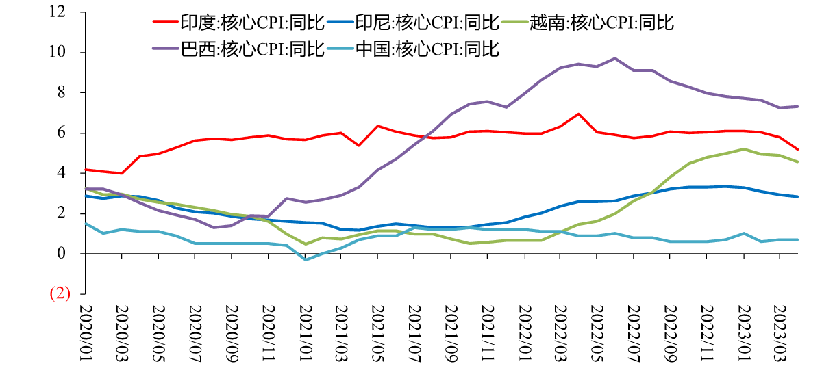图9：发展中国家核心CPI 同比，%